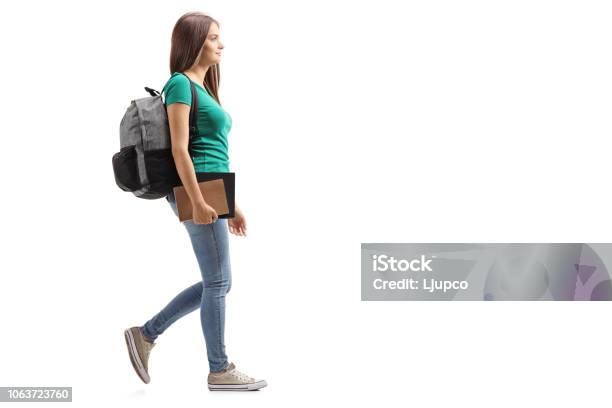 Female Student With Backpack Walking Stock Photo - Download Image Now - Walking, Student, People