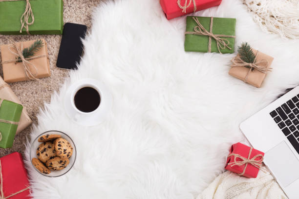 istock Blogger workplace for winter holidays, copy space 1063723924
