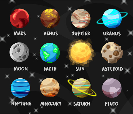 Set of bright colorful planets in Solar System. Moon, Sun and asteroid on space background. Flat cartoon collection of heavenly bodies. Vector illustration.