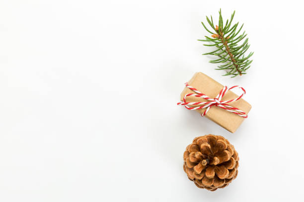 istock Christmas composition with pine cones fir tree branches and christmas gift box. Top view, flat lay on white background 1063725198