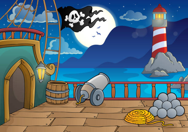 illustrations, cliparts, dessins animés et icônes de sujet de pont bateau pirate 8 - nautical vessel cannon coastline crane