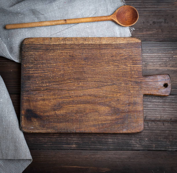 istock empty old brown wooden cutting board and spoon 1063727264