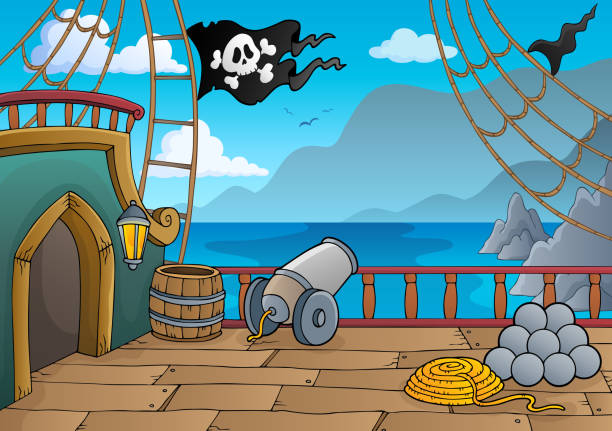 illustrations, cliparts, dessins animés et icônes de sujet de pont bateau pirate 4 - nautical vessel cannon coastline crane