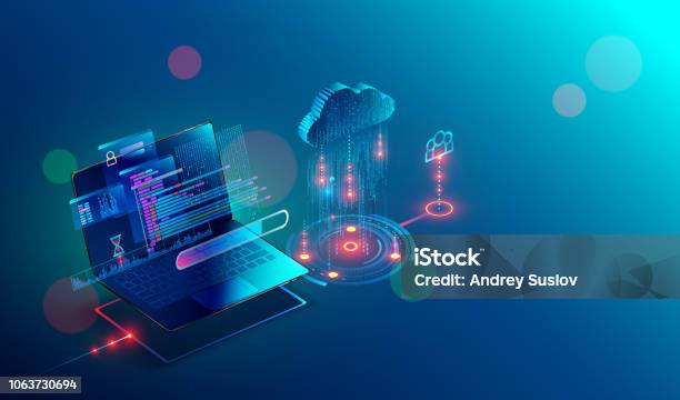 Ordinateur Portable Stockage En Nuage Accès Partagé Isométrique Vecteurs libres de droits et plus d'images vectorielles de Technologie