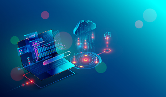 laptop connection on cloud storage for collaboration work with remote team. Cooperation work via internet and work with project in shared access. Isometric infographic concept.