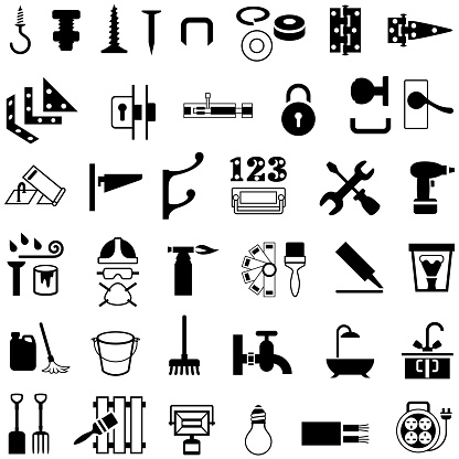 Single color isolated icons of hardware store and home renovation products icons.