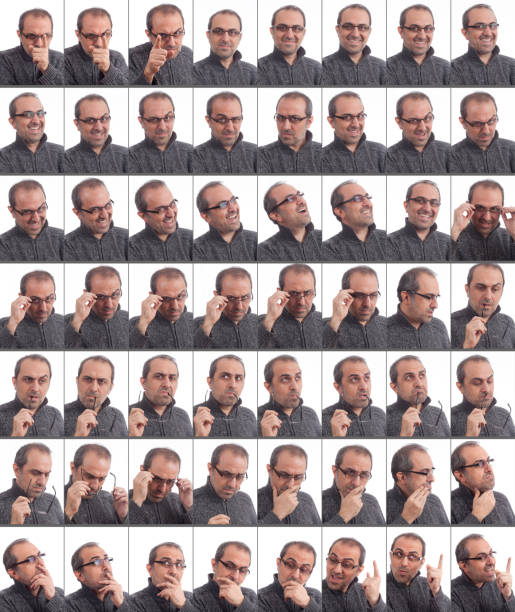 man making nine different facial expressions. High resolution image. All the pictures developed from Raw.