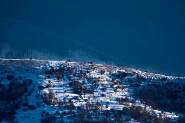 horizontal shot of night time on the hill in winter time.