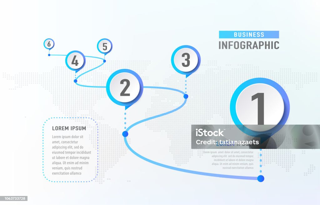 Timeline infographic 6 milestone like a road. Business concept infographic template. Vector illustration Timeline infographic 6 milestone like a road. Business concept infographic template. Vector illustration. Timeline - Visual Aid stock vector