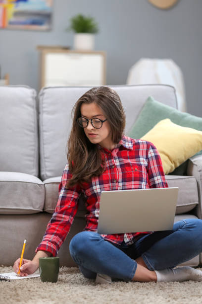 istock Portrait of a smiling female  in glasses using laptop computer while relaxing on a couch at home. 1063736216