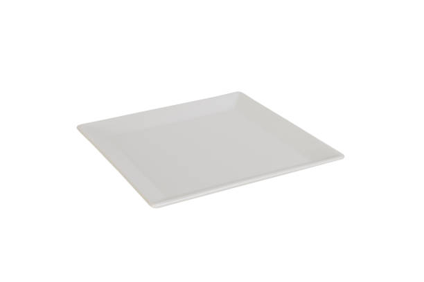 plato cuadrado blanco vacío, aislado sobre fondo blanco, la vista superior vista lateral - plato cuadrado fotografías e imágenes de stock
