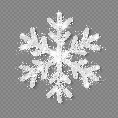 Vector silver snowflake covered bright sparkles, on transparent background. Christmas decoration.