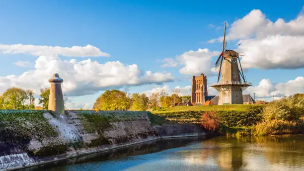 Photo of Panoramic overview of the Dutch fortified city of Woudrichem in the province of Noord-Brabant on a sunny day in autumn