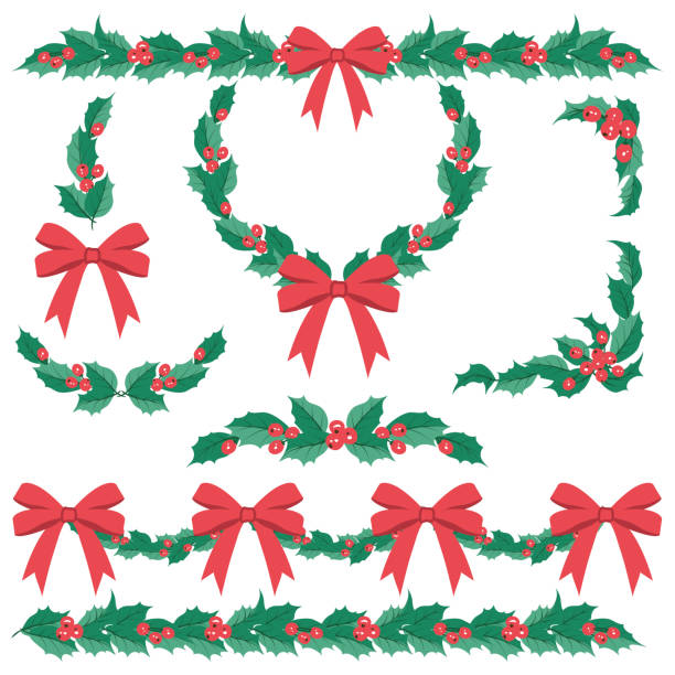 illustrazioni stock, clip art, cartoni animati e icone di tendenza di elementi di design holly garland - christmas frame wreath garland