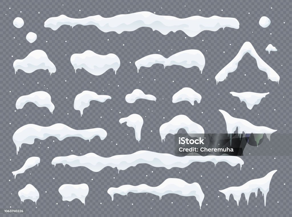 New white snow caps set on transparent background. Snow caps, snowballs and snowdrifts set. Snow cap vector collection. Winter decoration element. Snowy elements on winter background. Cartoon template. Snowfall and snowflakes in motion. Illustration. Snow stock vector
