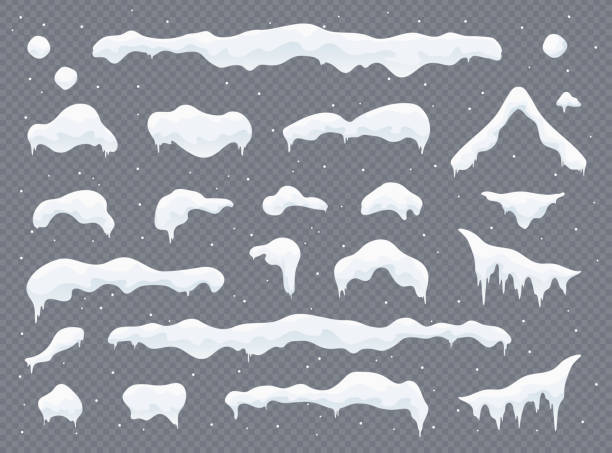 New white snow caps set on transparent background. Snow caps, snowballs and snowdrifts set. Snow cap vector collection. Winter decoration element. Snowy elements on winter background. Cartoon template. Snowfall and snowflakes in motion. Illustration. snowing illustrations stock illustrations