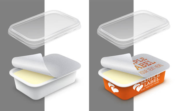 ilustrações de stock, clip art, desenhos animados e ícones de vector labeled open rectangular plastic container with foil and transparent lid. packaging mockup illustration. - margarine dairy product butter close up