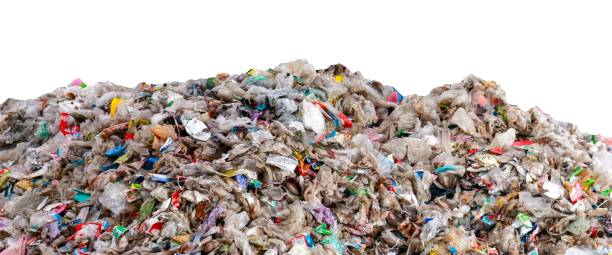 large garbage pile isolated on white background ,global warming stock photo