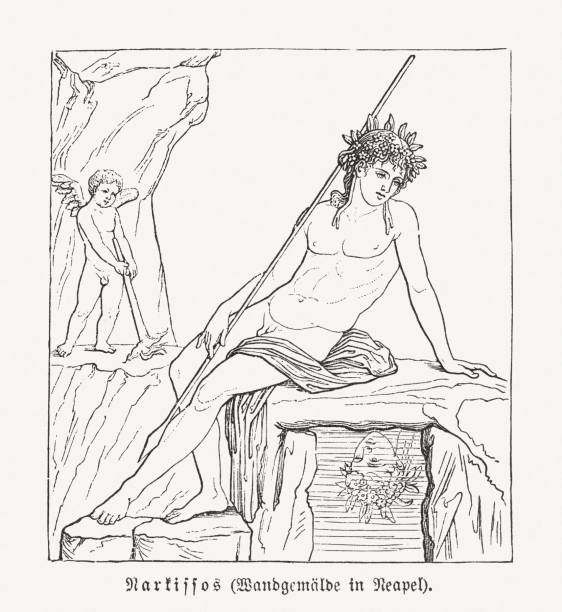 Narcissus (Greek Mythology), Roman mural, Pompeii, wood engraving, published 1897 Narcissus - figure from the Greek mythology. Wood engraving after a mural (1st CE) in Pompeii, today Museo Archeologico Nazionale, Naples, Italy, published in 1897. narcissus mythological character stock illustrations