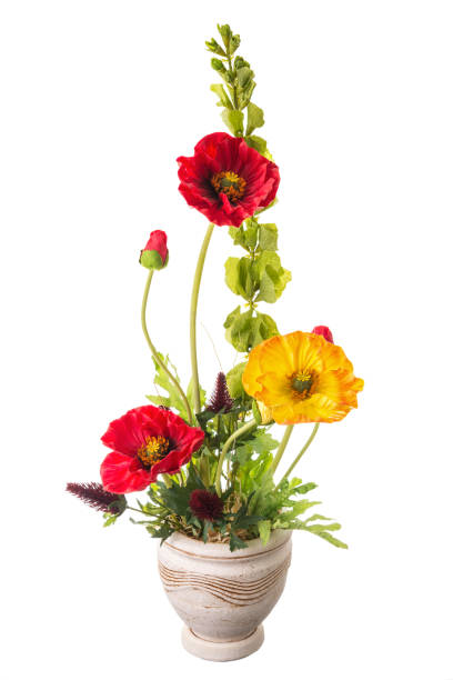 disposizione floreale da fiori di papavero artificiale in vecchio vaso di fiori in ceramica. - flower purple gladiolus isolated foto e immagini stock