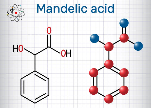 istock Mandelic acid molecule. Structural chemical formula and molecule model. Sheet of paper in a cage 1063743300