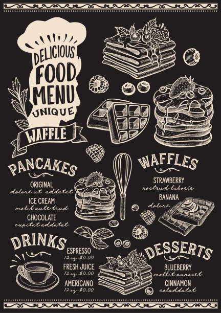 ilustrações, clipart, desenhos animados e ícones de waffle e panqueca alimentos modelo de menu para o restaurante, com letras de chapéu de cozinheiros. - chef’s utensils