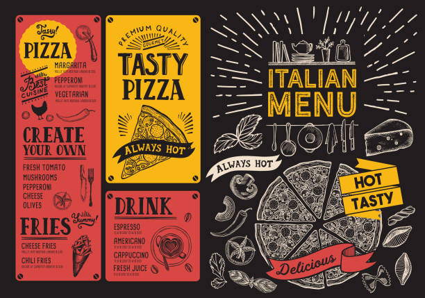 illustrazioni stock, clip art, cartoni animati e icone di tendenza di menu di ristorante di cibo italiano. volantino per pizza per bar e caffetteria. modello di design con illustrazioni vintage disegnate a mano. - 5123