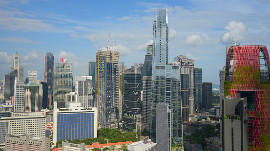 Singapore, Singapore - Febuary 01, 2018 Panoramic  view of the Singapore Skyline and Marina Bay, the marina is the centre of the economy in singapore, there are here all the building of all the majors bank and insurance.