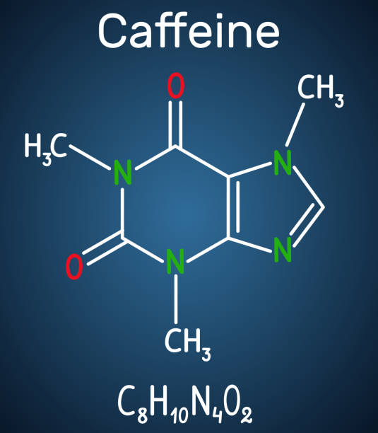 Caffeine molecule. Structural chemical formula and molecule model on the dark blue background Caffeine molecule. Structural chemical formula and molecule model on the dark blue background. Vector illustration caffeine molecule stock illustrations