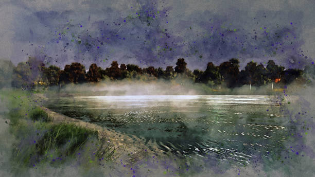 istock Calm forest lake at foggy night watercolor sketch 1063752110