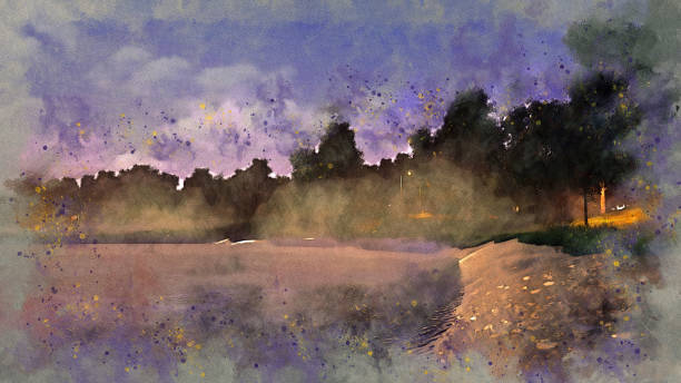 istock Pond in a park at misty dusk watercolor sketch 1063752252