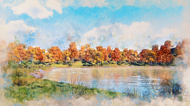 istock Autumn scenery with forest lake watercolor sketch 1063752430