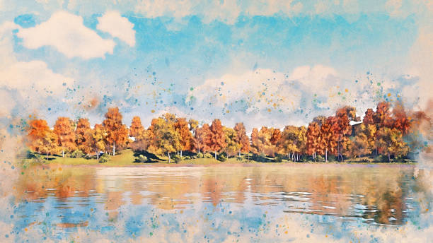 istock Watercolor sketch with autumn trees on lake shore 1063752454