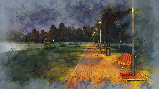 istock Park walkway at autumn night watercolor sketch 1063752730