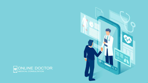 ilustrações de stock, clip art, desenhos animados e ícones de vector of a patient meeting a doctor online using a smartphone technology - pharmacy pharmacist medicine chemist