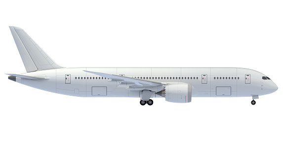 Commercial jet plane with landing gear. isolated on white. 3D render. Right Side view