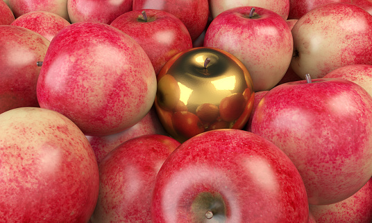 Golden apple in the middle of red apples. ( 3d render )