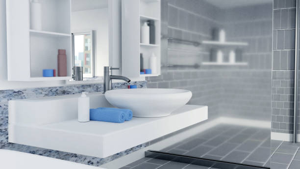 istock 3D Rendered Bathroom Interior Design With Blue Towels 1063766836