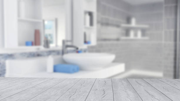 istock Bathroom Interior Design With Blue Towels and Empty Wooden Floor 1063767298