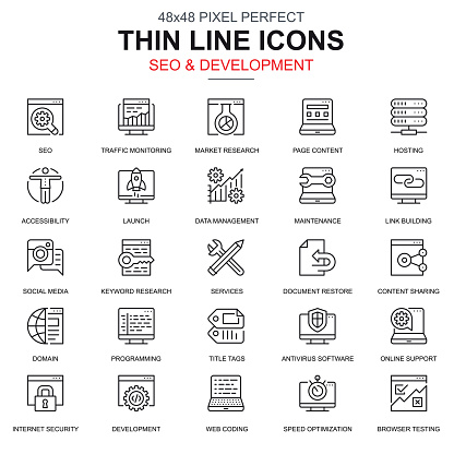 Thin line seo and development icons set for website and mobile site and apps. Contains such Icons as Hosting, Research, Programming. 48x48 Pixel Perfect. Linear pictogram pack. Vector illustration.