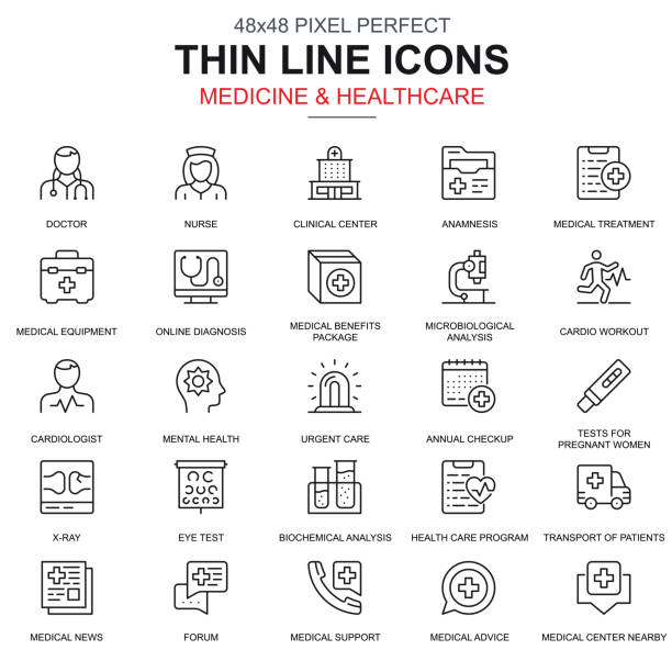 薬と細い線健康管理サービスのアイコンを設定します。 - pixel perfect点のイラスト素材／クリップアート素材／マンガ素材／アイ��コン素材