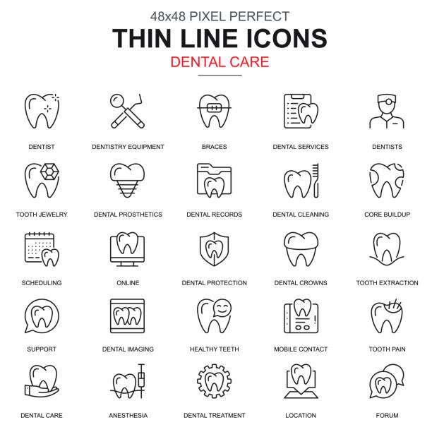 stockillustraties, clipart, cartoons en iconen met dunne lijn tandheelkundige zorg, tandheelkunde apparatuur pictogrammen instellen - dental