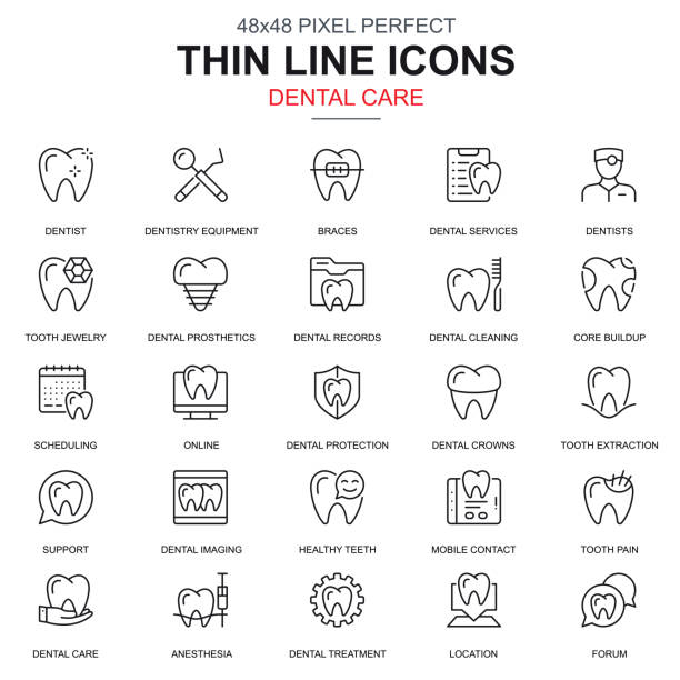 ilustrações, clipart, desenhos animados e ícones de atendimento odontológico a linha fina, conjunto de ícones de equipamentos de odontologia - dentist dental hygiene symbol computer icon