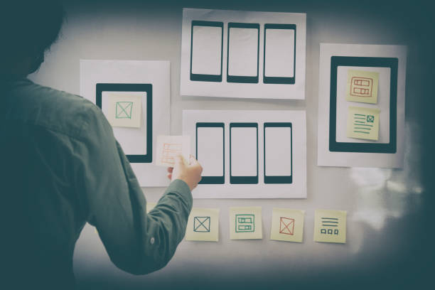 istock user experience UX designer designing web on mobile phone tablet layout. UI planning mobile application. developer work with business prototype 1063770788