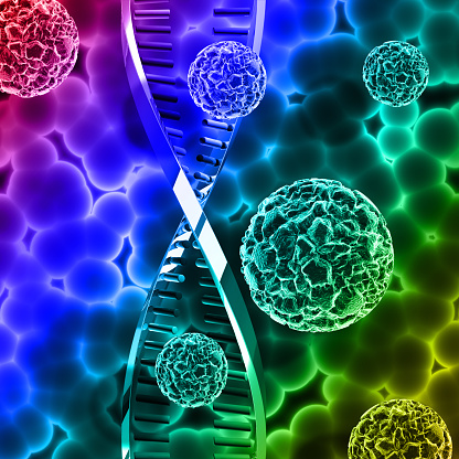 3D render of a medical background with virus cells on DNA strand