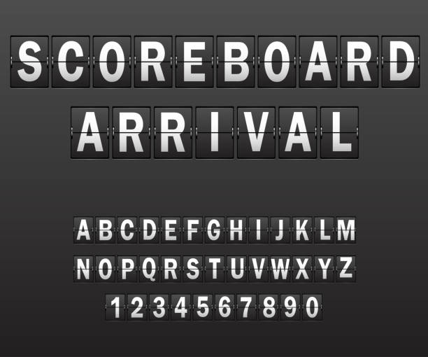 istock Alphabet on scoreboard. Set of white letters of mechanical timetable 1063777496