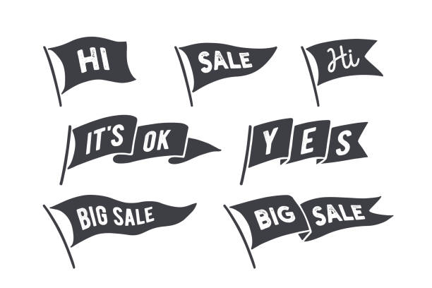 Flag set. Old school flag banner with text Flag set. Old school flag banners with text Hi, Hello, Hallo, Sale, Big Sale. Ribbon flag in vintage style, hand drawn design element, text. Vintage flag set. Vector Illustration flag illustrations stock illustrations