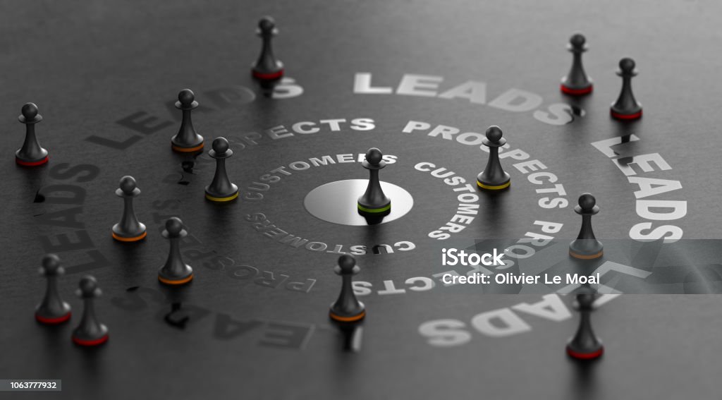 Convert Leads into Customers and Sales, Inbound Marketing Concept 3D illsutration of buying funnel over black background. Concept of conversion of leads into prospects and then customers. Organization Stock Photo