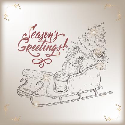 Brush lettering greeting and a simple sketch of sleigh with Christmas tree and gifts. Great for posters, greeting cards.