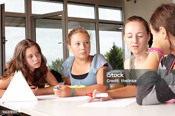 Girls In A School Lesson Stock Photo - Download Image Now - Teenager, Discussion, School Building